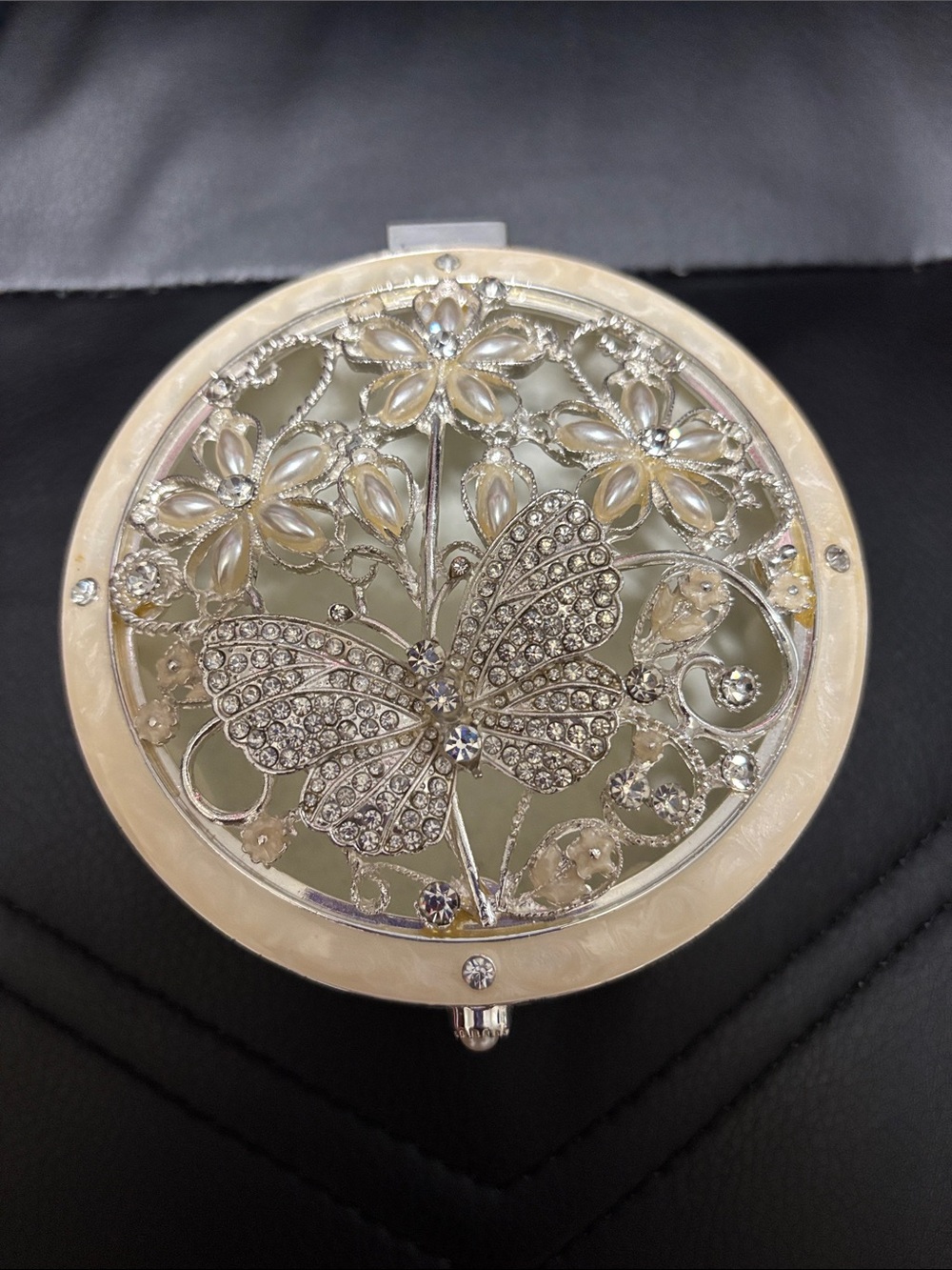 Crystal Butterfly Floral Compact Mirror - Ivory and Silver